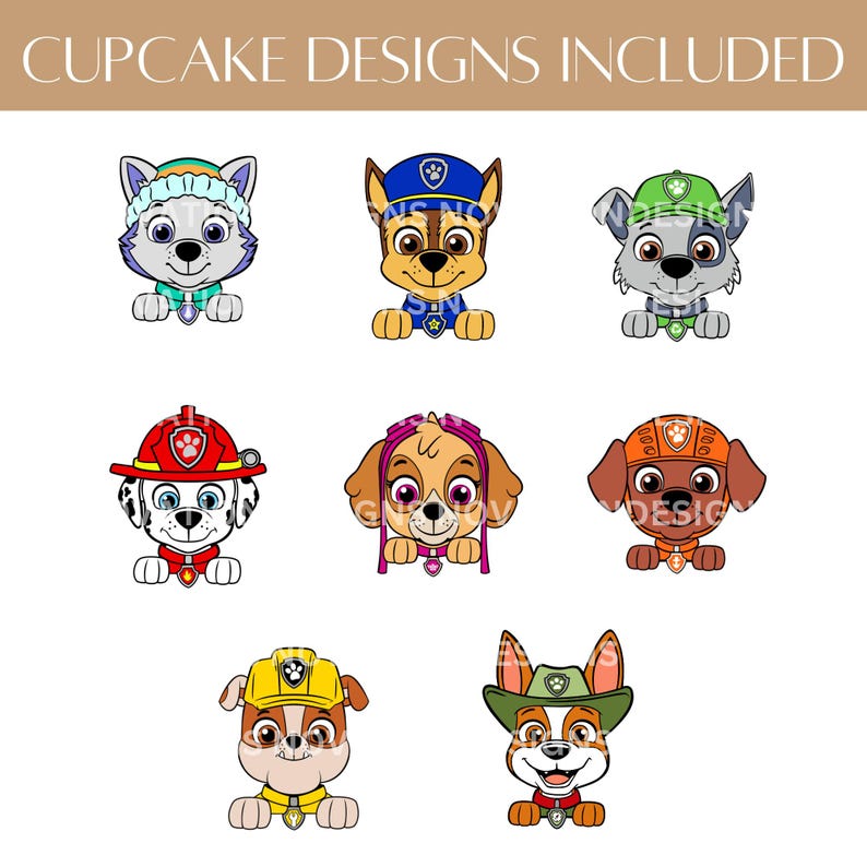 May include: A collection of cartoon dog characters, each with unique outfits and expressions. The image includes the text "CUPCAKE DESIGNS INCLUDED" at the top. The dogs are in various colors, including blue, brown, and red, and are likely intended for cupcake decorations.
