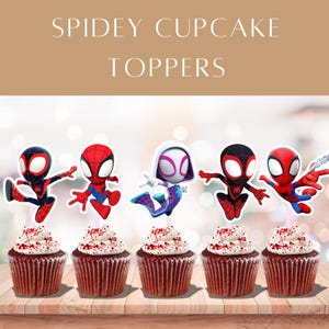 May include: Five cupcakes with Spidey-themed toppers. Each cupcake has a red velvet base topped with white frosting and red sprinkles. The toppers feature various Spider-Man characters in vibrant colours, with the text "SPIDEY CUPCAKE TOPPERS" at the top.