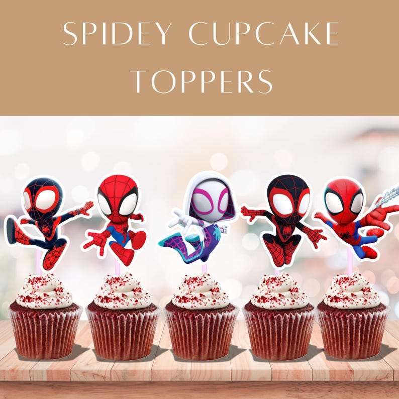 May include: Five cupcakes with Spidey-themed toppers. Each cupcake has a red velvet base topped with white frosting and red sprinkles. The toppers feature various Spider-Man characters in vibrant colours, with the text "SPIDEY CUPCAKE TOPPERS" at the top.