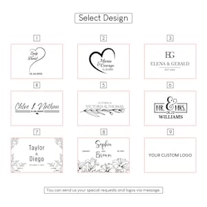May include: Nine design options for custom items, including names, dates, and logos. Designs include hearts, initials, floral elements, and the text "Select Design". The image also includes the text "You can send us your special requests and logos via message."