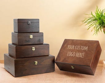 Personalized Wooden Keepsake Box with Custom Engraving – Walnut Color Birch Plywood Memory Box – Custom Logo Box, Wedding & Anniversary Gift