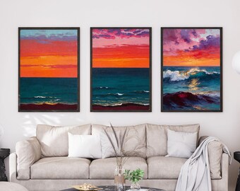 Set of 3 Sunset Ocean Prints, Orange Seascape Oil Painting Triptych, Coastal Sunset Wall Art, Living Room Decor, Instant Digital Download