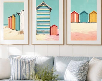 Set of 3 Colorful Beach Hut Wall Art Prints, Whimsical Coastal Boardwalk Painting Triptych, Beach House Living Room Decor, Digital Download