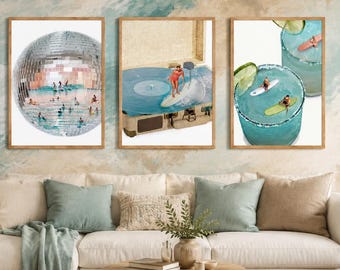 Coastal Print Set Meet me at The Beach, Beachy Print Set, Seashell Wall Art, Tiny People Print, 3 Piece Wall Art