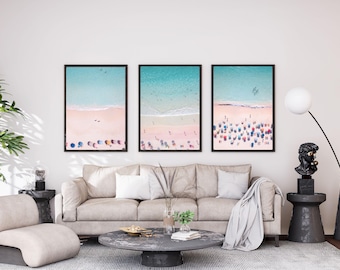 Set of 3 Minimal Coastal Prints, Aerial Sand and Turquoise Sea, Calm Beach Wall Art Trio, Bathroom and Bedroom Decor, Digital Download