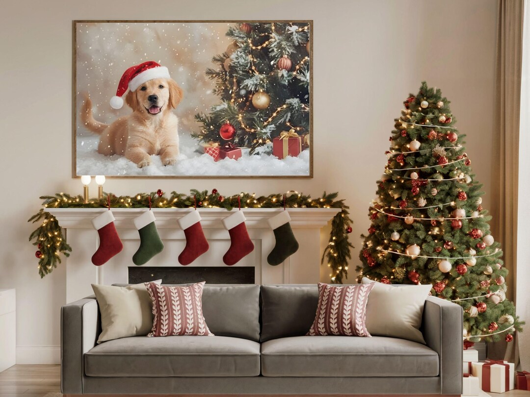 Christmas Golden Retriever Samsung Frame TV Art, Christmas Tree Vintage ...