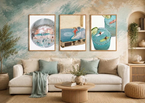 Coastal Print Set Meet me at The Beach, Beachy Print Set, Seashell Wall Art, Tiny People Print, 3 Piece Wall Art