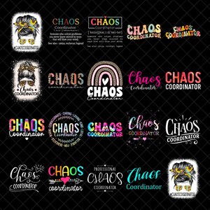 Puede incluir: Una colección de coloridos diseños de "Chaos Coordinator". Los diseños presentan texto, arcoíris, corazones e imágenes de mujeres con gafas de sol y diademas. El texto incluye definiciones y el hashtag #CHAOSCOORDINATOR.