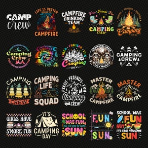 Puede incluir: Una colección de diseños gráficos con temática de camping sobre un fondo negro. Los diseños presentan textos como "Camp Crew", "Campfire Drinking Team" y "Camping Crew", junto con ilustraciones de fogatas, tiendas de campaña y escenas al aire libre.