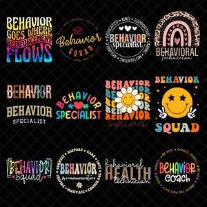 Op de afbeelding: Een verzameling kleurrijke grafische ontwerpen met het woord "Behavior" en gerelateerde termen zoals "Squad", "Specialist" en "Coach". Ontwerpen bevatten regenbogen, smiley-gezichten en bloemelementen, geschikt voor kleding of accessoires.