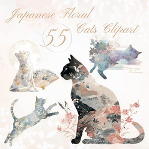 以下が含まれることがあります： 日本のフローラルキャットクリップアート。花柄と風景デザインの5匹の猫のイラスト。扇子と「Japanese Floral Cats Clipart」の文字と数字「55」が含まれています。猫は様々なポーズをとっています。