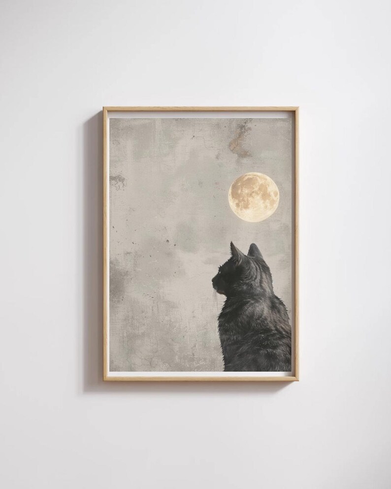 Japanese Wabi-sabi Cat Art Print | Black Cat & Full Moon Wall Decor ...