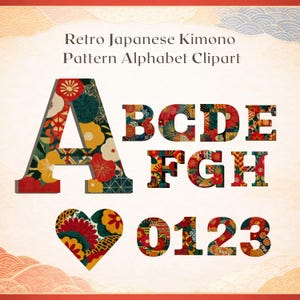 Retro-Alphabet im japanischen Kimono-Stil (PNG) – Clipart mit floralen Buchstaben im Stickmuster – Traditionelles Wagara-Patchwork (digital, PNG)