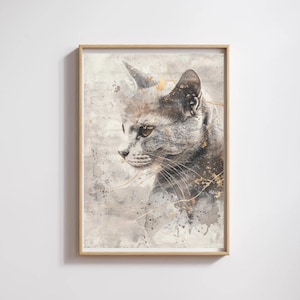 May include: Watercolor painting of a gray cat in a wooden frame. The cat is depicted in profile, with a soft, blurred background and gold accents. The artwork has a neutral color palette.