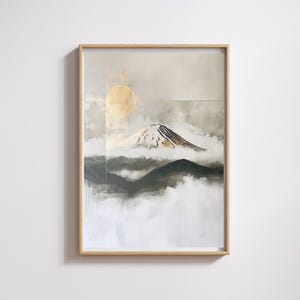 Abstract Mount Fuji Wall Art with Gold Sun, Modern Japandi Decor, Contemporary Zen Design, Neutral Grey and Gold Landscape