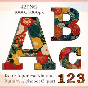 Retro Japanese Kimono Pattern Alphabet PNG - Faux Embroidered Floral Letters Clipart - Traditional Wagara Patchwork Digital PNG