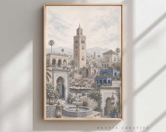 Marrakech Morocco Landmark Wall Art Print, Koutoubia Mosque, Travel Art Decor (Unframed)