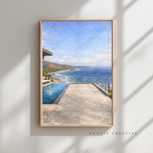 Coastal Wall Art | Infinity Pool Villa Ocean View | Cinematic Seaside Landscape Print | Digital Download