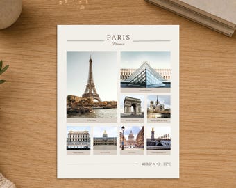 May include: A rectangular print titled PARIS France featuring eight photographic images of landmarks including the Eiffel Tower, Louvre Museum, Arc de Triomphe, Notre Dame, Palais Garnier, Les Invalides, Pantheon, and Pont Alexandre III with coordinates 48.86 N 2.35 E.