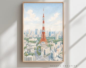 May include: Watercolor print of the Tokyo Tower in Japan, set against a backdrop of a cityscape under a blue sky with clouds. The tower is red and white, framed in a light wood frame. The print is labeled "NEUVIA CREATIVE".