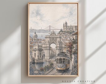 Lisbon Portugal Tram 28 Arch Landmark Print, Vintage European Travel Art (Unframed)