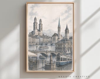 May include: A framed art print depicting a vintage-style cityscape of Zurich, Switzerland. The scene features the Grossmünster church, a blue tram on tracks, a stone fountain, bridges over the Limmat river, and distant mountains under a cloudy sky.