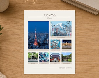 May include: A white rectangular print titled TOKYO Japan featuring a collage of seven photographs including Tokyo Tower, Mount Fuji, Tokyo Skytree, Tokyo Station, Meiji Shrine, Shibuya Crossing, Senso-ji, and Tokyo Imperial Palace with coordinates 35.68°N 139.69°E.