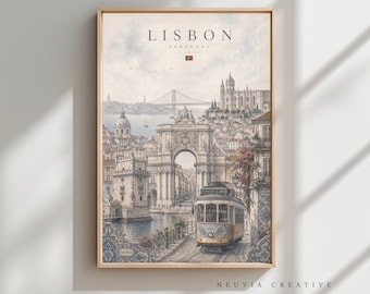 May include: Framed art print of Lisbon, Portugal, featuring a vintage-style illustration. The artwork showcases a yellow tram, an archway, and a bridge, with the city's architecture in the background. The word "LISBON" is at the top.