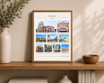 May include: A framed wall art print titled ROME Italy featuring a collage of eight photographs of historical landmarks including the Colosseum, Trevi Fountain, and Pantheon, with the geographic coordinates 41.90°N 12.50°E printed at the bottom.