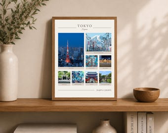May include: A framed wall art print titled TOKYO Japan featuring a collage of seven photographs of city landmarks including Tokyo Tower, Mount Fuji, and various temples, with the coordinates 35.68°N 139.69°E printed at the bottom of the white poster.