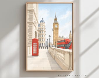 May include: A framed print featuring a London street scene. A red telephone booth and double-decker bus are visible. The iconic Big Ben clock tower stands tall in the background, under a blue sky. The artwork is signed "NEUVIA CREATIVE".