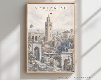 May include: A framed print of Marrakech, Morocco, featuring a detailed illustration of the city's architecture. The artwork showcases a tall minaret, blue accents, and a central fountain. The print includes the text "MARRAKESH" and "MOROCCO".