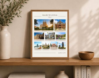 May include: A rectangular wall art print in a wooden frame featuring a collage of nine photographs of Barcelona landmarks. The text reads BARCELONA Spain and includes the coordinates 41.39°N 2.17°E. The images depict the Sagrada Familia and other sites.