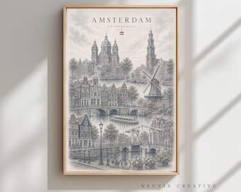 Amsterdam Niederlande Wand Kunst Druck, Vintage Kanal Stadt Architektur, Reise Kunst Dekor (ungerahmt)