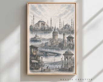 Istanbul Turkey Landmark Wall Art Print, Hagia Sophia & Blue Mosque, Travel Art Decor (Unframed)