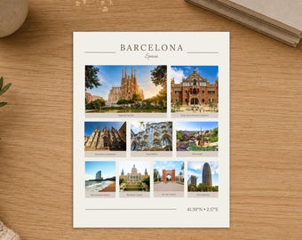 May include: A white rectangular print titled Barcelona Spain featuring eight photographic images of city landmarks including the Sagrada Familia, Palau de la Musica Catalana, Barcelona Cathedral, Casa Batllo, Park Guell, beach, Montjuic Castle, Arc de Triomf, and Torre Glories with coordinates 41.39 N 2.17 E.