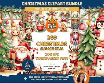 Lot de 240 cliparts de Noël PNG | Illustrations calmes à l'aquarelle pour travaux manuels, agendas et autocollants | Collection d'art festif de pleine conscience 2025