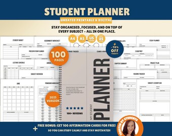 100 Page Printable Student Planner | Academic and Study Planner Bundle for School, College and Uni Organisation | Undated, Reusable Template