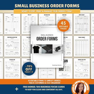 May include: A set of printable small business order forms, including price lists and invoices. The image features a promotional graphic with a discount and a bonus offer. The forms are ready to edit, print, and manage orders.