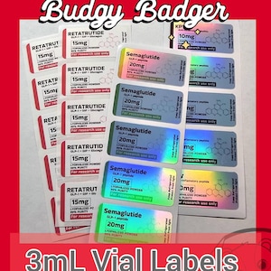 May include: A collection of rectangular adhesive labels for 3mL vials, featuring holographic finishes. The labels display text including Retatrutide 15mg and Semaglutide 20mg, along with chemical structures and the phrase For research use only.
