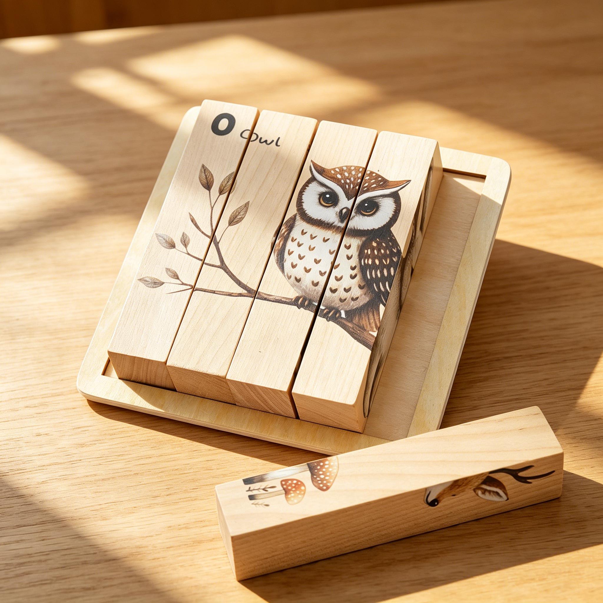 Montessori Wooden Owl Puzzle Board, Toddler Learning Toy, Animal Shape Matching Puzzle, Baby Sensory