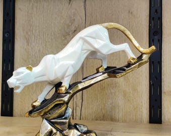 オブジェ　動物　置き物　大理石　彫刻　アンティーク　工芸品 パンサー彫刻 ホワイト大理石 動物の置物 ホームデコレーション 幅31cm