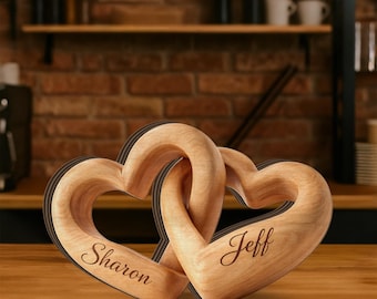 Personalized Wooden Heart Couple Decor, Interlocking Names Anniversary Gift