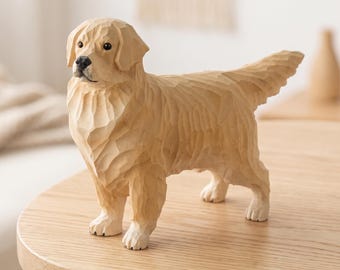 Golden Retriever Figurine, Wooden Dog Statue, Hand Carved Wood Dog Decor for Desk or Shelf