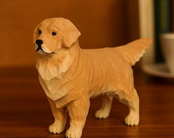 Hand-Carved Basswood Golden Retriever Statue – Wooden Dog Figurine