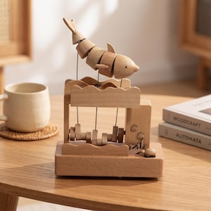May include: A light-colored wooden mechanical automaton featuring a segmented dolphin figure suspended above a wave-shaped base. The mechanism includes internal rotating wooden components and a small turtle figure on the rectangular base.