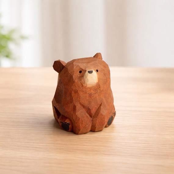 Wooden Bear Figurine, Small Bear Decor for Desk or Shelf, Brown Black White Bear Gift