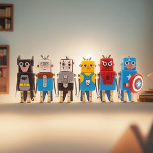 May include: Six colorful robot figurines, each designed to resemble a superhero. The robots have square heads and bodies, with details like Batman's cowl, Spider-Man's web, and Captain America's shield. They stand on a light-colored surface.