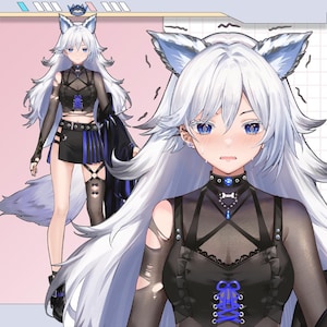 May include: An anime-style character with long white hair, blue eyes, and wolf ears. The character wears a black outfit with blue accents, including a crop top, skirt, and thigh-high stockings. The character has a worried expression.