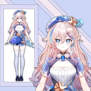 以下が含まれることがあります： セーラー風の衣装を着たキャラクターのアニメ風イラスト。キャラクターは長い薄ピンク色の髪、青い目、航海をテーマにしたアクセントが付いた青と白のドレスを着ています。キャラクターの頭には、クジラのデザインの青い帽子が乗っています。